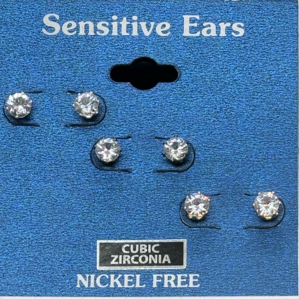 Sensitive Ears Set of 3 Stud Earrings Gold Silver and Gun Metal Settings